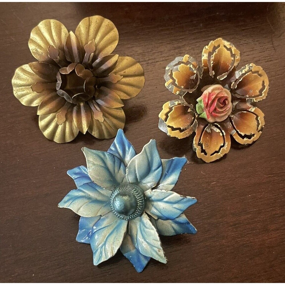 3 Vintage Metal Flower Brooch Pin